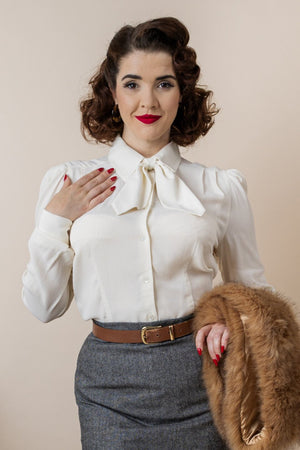 Ivory Long Sleeve Blouse with Detachable Bow | 1940s Style | Weekend Doll