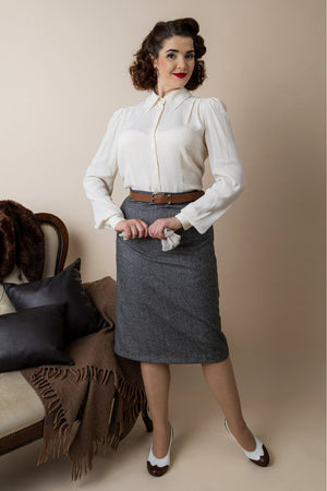Ingrid Herringbone Fitted Skirt in Grey | 1940s Style | Weekend Doll  