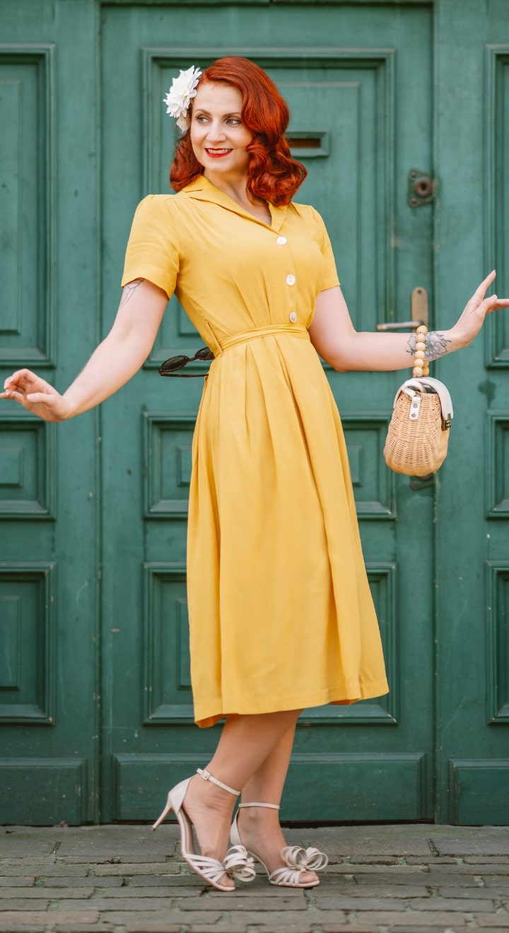 yellow shirt dress Katherine Sustainable Vintage Inspired Shirt Dress in Mustard | 1940s & 1950s Style