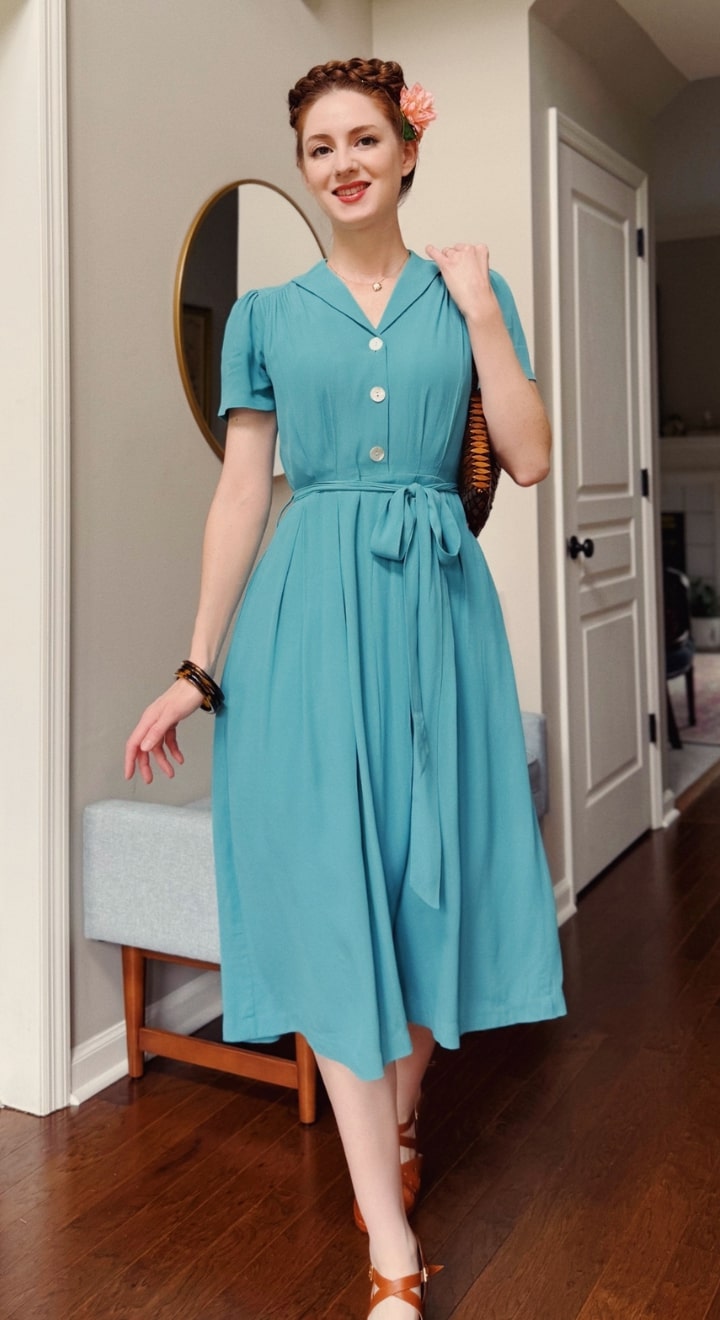 Katherine Sustainable Vintage Inspired Shirt Dress in Teal | 1940s & 1950s Style
