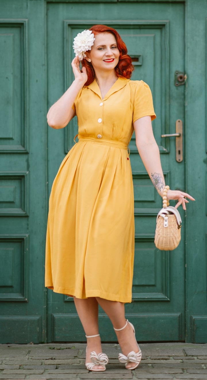 Katherine Sustainable Vintage Inspired Shirt Dress in Mustard  | 1940s & 1950s Style | Weekend Doll 