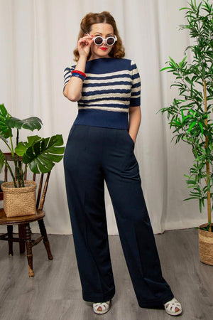 Navy and White Stripe Vintage Lace Cotton Sweater – 1940s–50s Inspired by Weekend Doll