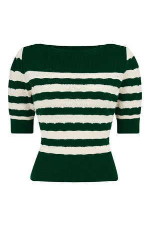 Bottle Green and ivory Stripe Vintage Lace Cotton Sweater – 1940s–50s Inspired by Weekend Doll