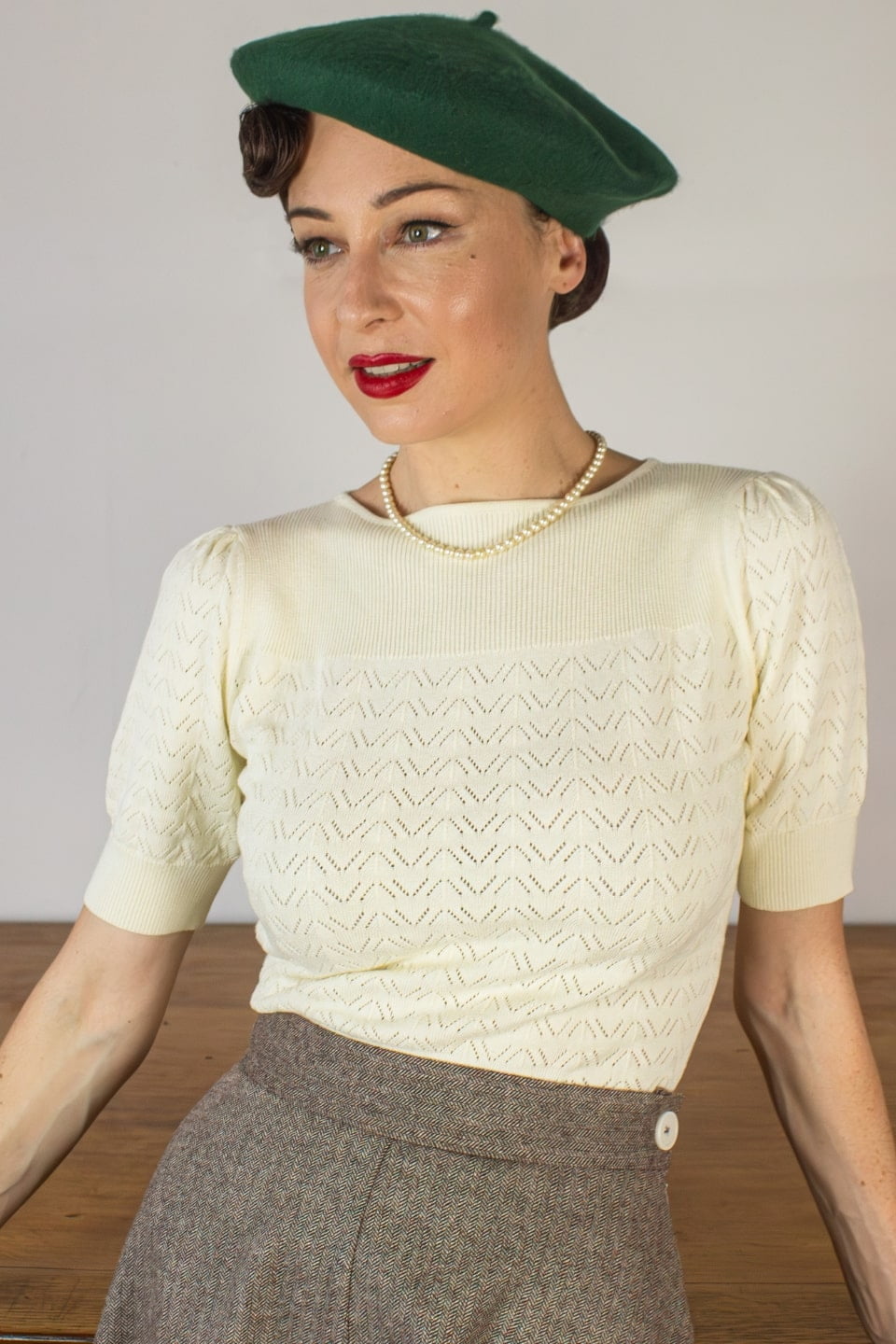 Ivory Vintage Lace Cotton Sweater – 1940s–50s Inspired by Weekend Doll