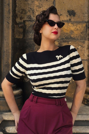 Black and ivory Stripe Vintage Lace Cotton Sweater – 1940s–50s Inspired by Weekend Doll