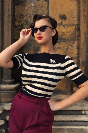 Black and ivory Stripe Vintage Lace Cotton Sweater – 1940s–50s Inspired by Weekend Doll