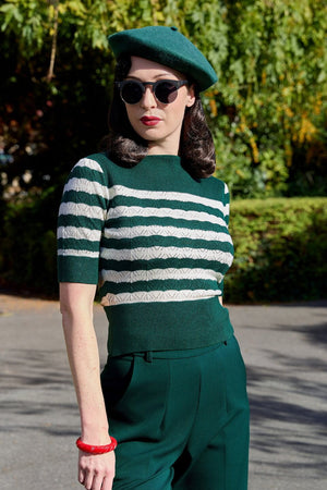 Bottle Green and ivory Stripe Vintage Lace Cotton Sweater – 1940s–50s Inspired by Weekend Doll