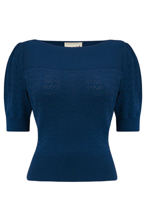 Navy Vintage Lace Cotton Sweater – 1940s–50s Inspired by Weekend Doll