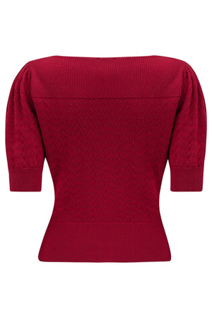 Dark Red Vintage Lace Cotton Sweater – 1940s–50s Inspired by Weekend Doll