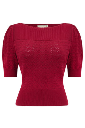 Dark Red Vintage Lace Cotton Sweater – 1940s–50s Inspired by Weekend Doll