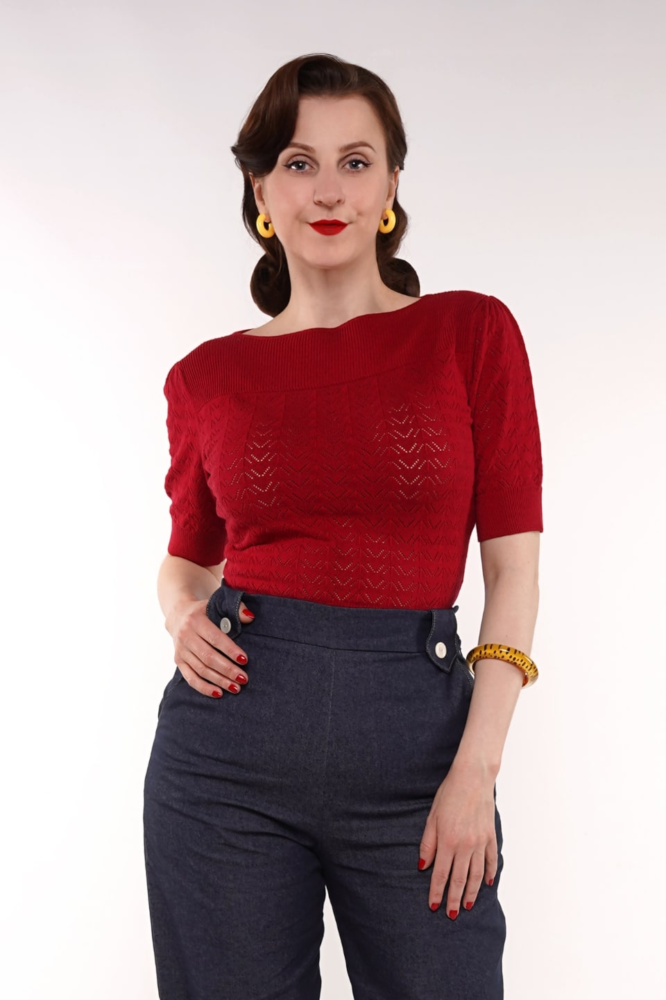 Dark Red Vintage Lace Cotton Sweater – 1940s–50s Inspired by Weekend Doll