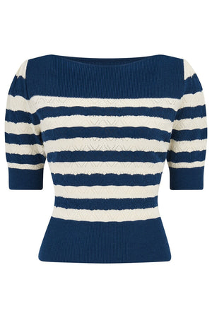 Blue and White Stripe Vintage Lace Cotton Sweater – 1940s–50s Inspired by Weekend Doll