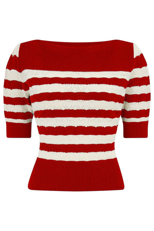 Red and Ivory Stripe Vintage Lace Cotton Sweater – 1940s–50s Inspired by Weekend Doll