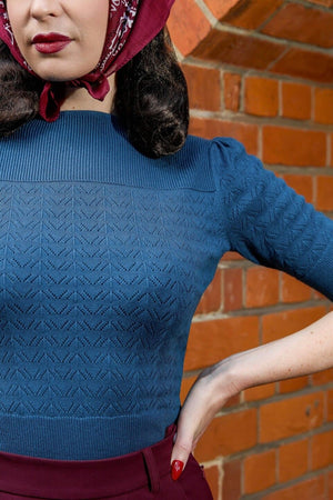 Teal Vintage Lace Cotton Sweater – 1940s–50s Inspired by Weekend Doll