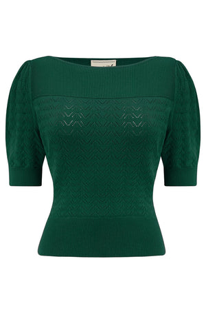 Bottle Green Vintage Lace Cotton Sweater – 1940s–50s Inspired by Weekend Doll