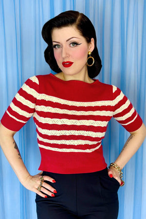 Red and Ivory Stripe Vintage Lace Cotton Sweater – 1940s–50s Inspired by Weekend Doll