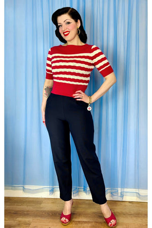 Red and Ivory Stripe Vintage Lace Cotton Sweater – 1940s–50s Inspired by Weekend Doll