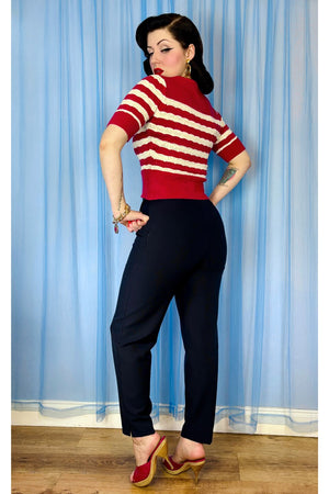Red and Ivory Stripe Vintage Lace Cotton Sweater – 1940s–50s Inspired by Weekend Doll