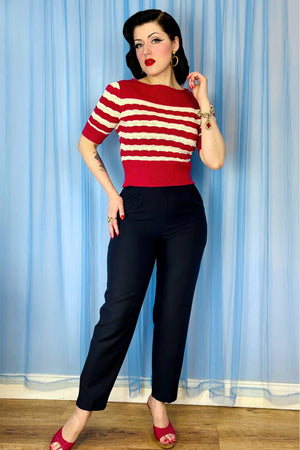 Red and Ivory Stripe Vintage Lace Cotton Sweater – 1940s–50s Inspired by Weekend Doll