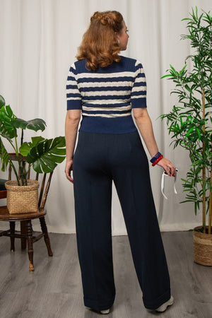 Navy and White Stripe Vintage Lace Cotton Sweater – 1940s–50s Inspired by Weekend Doll