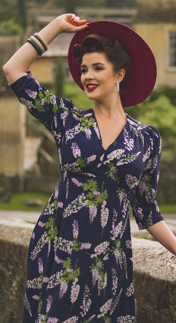 Vintage Inspired Navy Wisteria Print Knee Length Tea Dress | 1930s & 1940s Style | Weekend Doll Vintage Inspired Navy Wisteria Print Knee Length Tea Dress | 1930s & 1940s Style | Weekend Doll