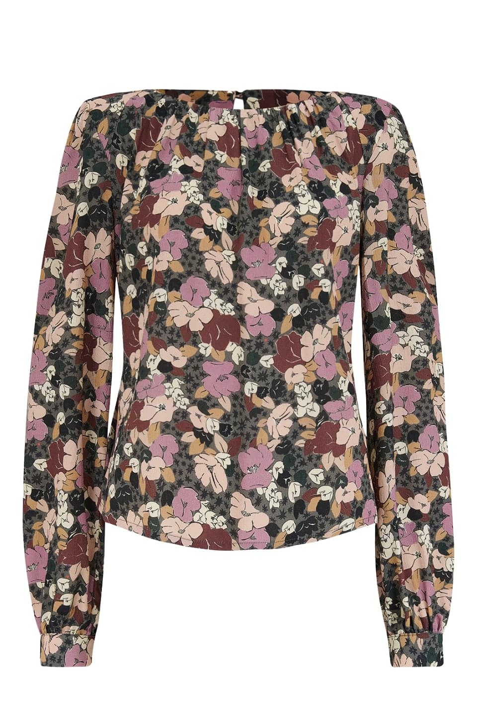 1940s-Inspired Long Sleeve Boat Neck Blouse in Grey Floral | Weekend Doll