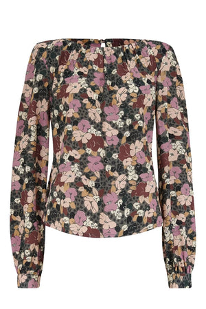 1940s-Inspired Long Sleeve Boat Neck Blouse in Grey Floral | Weekend Doll