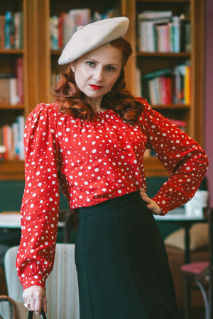 1940s-Inspired Long Sleeve Boat Neck Blouse in Red Polka Dot  | Weekend Doll