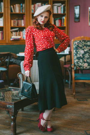 1940s-Inspired Long Sleeve Boat Neck Blouse in Red Polka Dot  | Weekend Doll