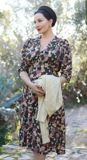 Vintage Inspired Grey Floral Print Knee Length Tea Dress | 1930s & 1940s Style | Weekend Doll 