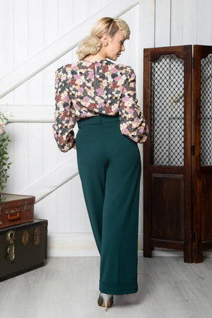 1940s-Inspired Long Sleeve Boat Neck Blouse in Grey Floral | Weekend Doll