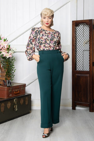1940s-Inspired Long Sleeve Boat Neck Blouse in Grey Floral | Weekend Doll