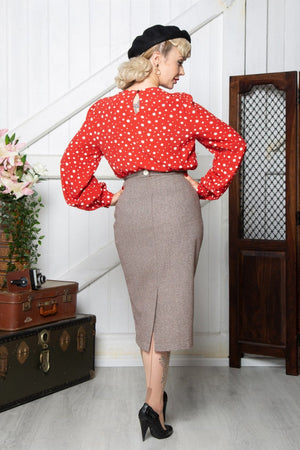 1940s-Inspired Long Sleeve Boat Neck Blouse in Red Polka Dot  | Weekend Doll