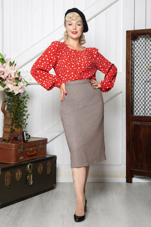 1940s-Inspired Long Sleeve Boat Neck Blouse in Red Polka Dot  | Weekend Doll