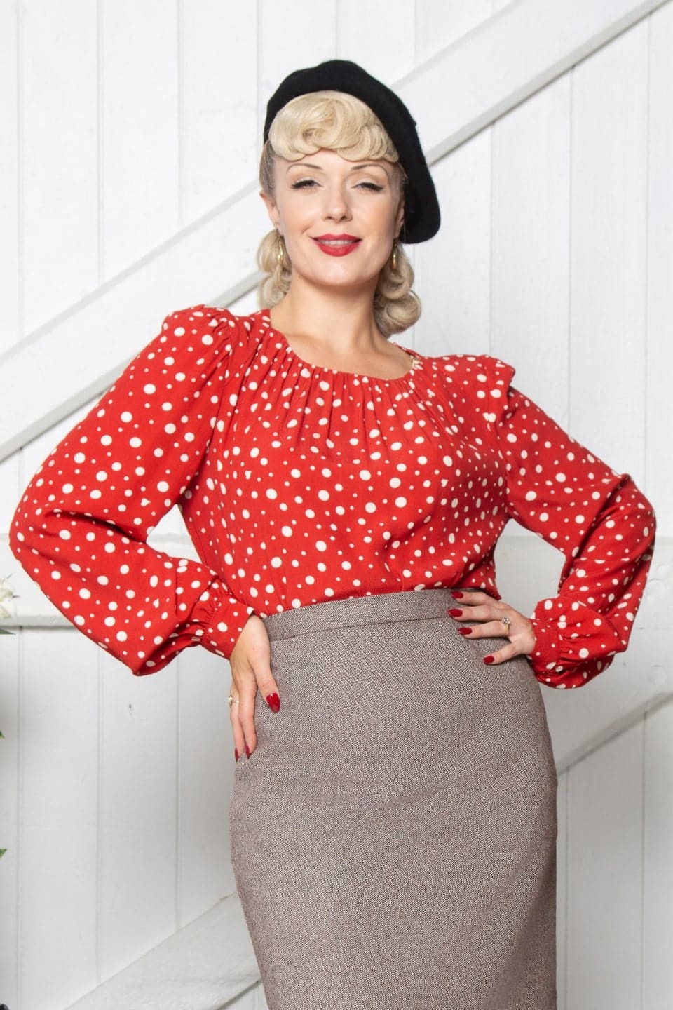 1940s-Inspired Long Sleeve Boat Neck Blouse in Red Polka Dot  | Weekend Doll