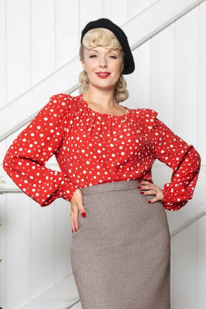 1940s-Inspired Long Sleeve Boat Neck Blouse in Red Polka Dot  | Weekend Doll