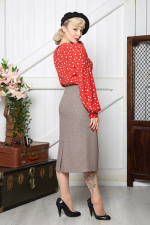 1940s-Inspired Long Sleeve Boat Neck Blouse in Red Polka Dot  | Weekend Doll