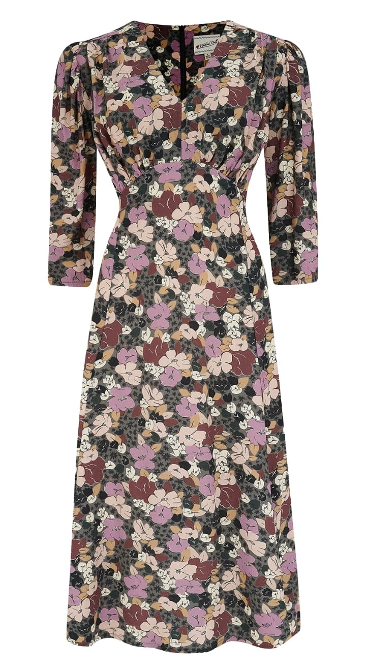 Vintage Inspired Grey Floral Print Knee Length Tea Dress | 1930s & 1940s Style | Weekend Doll 
