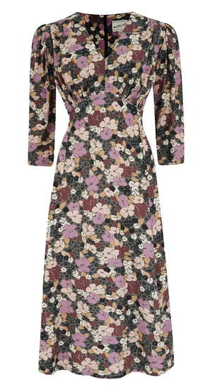 Vintage Inspired Grey Floral Print Knee Length Tea Dress | 1930s & 1940s Style | Weekend Doll 