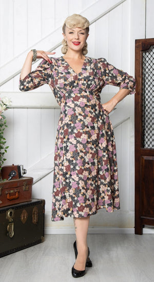 Vintage Inspired Grey Floral  Knee Length Tea Dress | 1930s & 1940s Style | Weekend Doll 