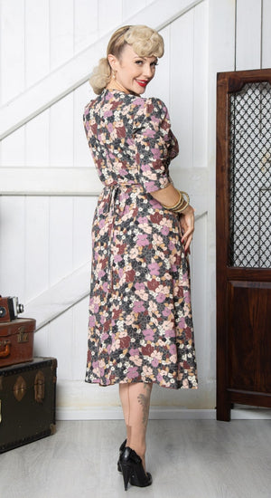 Vintage Inspired Grey Floral Print Knee Length Tea Dress | 1930s & 1940s Style | Weekend Doll 