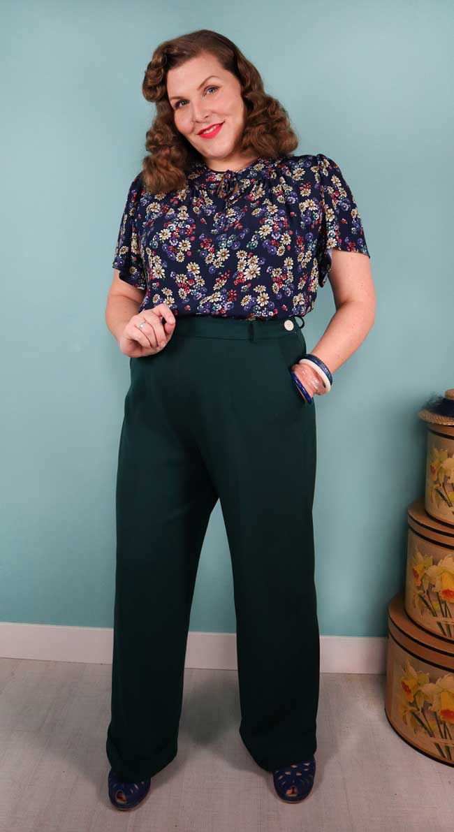 Green High Waisted Wide Leg Trousers in Short Length- 1930s & 40s style | Weekend Doll