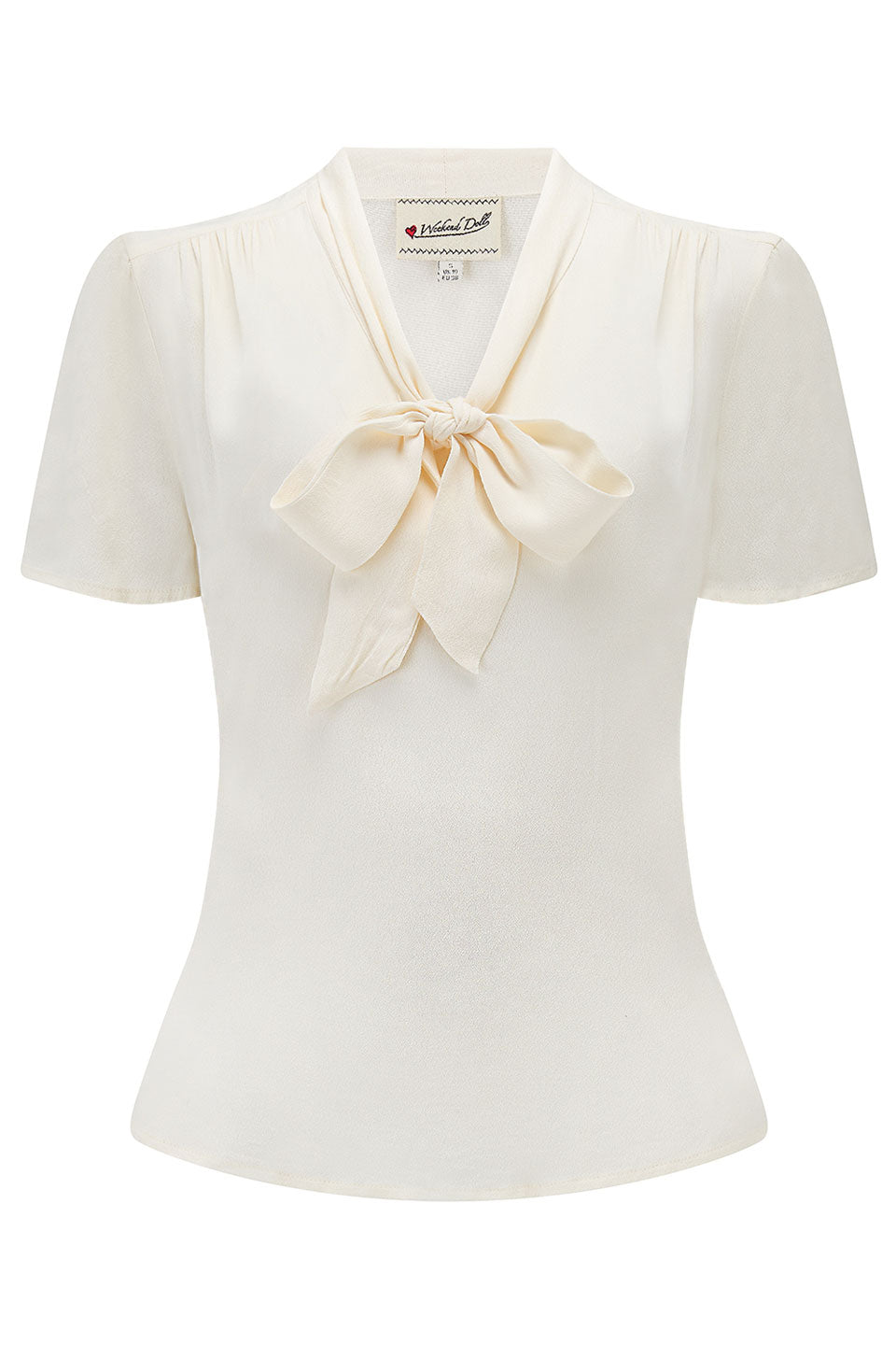1940s and 50s Style Short Sleeve Pussy Bow Blouse In Ivory  | Vintage Inspired | Weekend Doll  