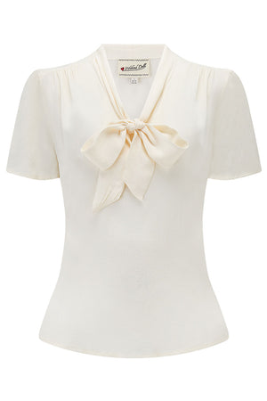 1940s and 50s Style Short Sleeve Pussy Bow Blouse In Ivory  | Vintage Inspired | Weekend Doll  
