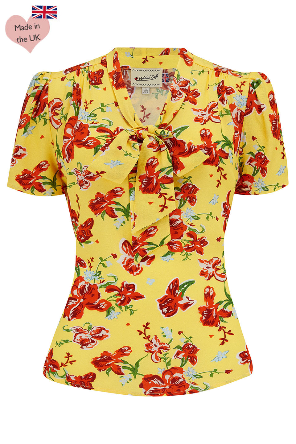 1940s and 50s Style Short Sleeve Pussy Bow Blouse In Iris Print   | Vintage Inspired | Weekend Doll 