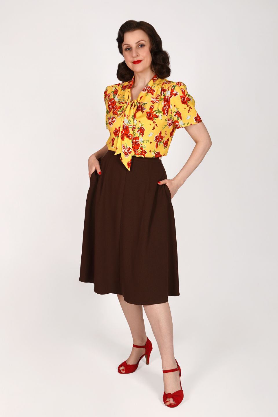 1940s and 50s Style Short Sleeve Pussy Bow Blouse In Iris Print   | Vintage Inspired | Weekend Doll 