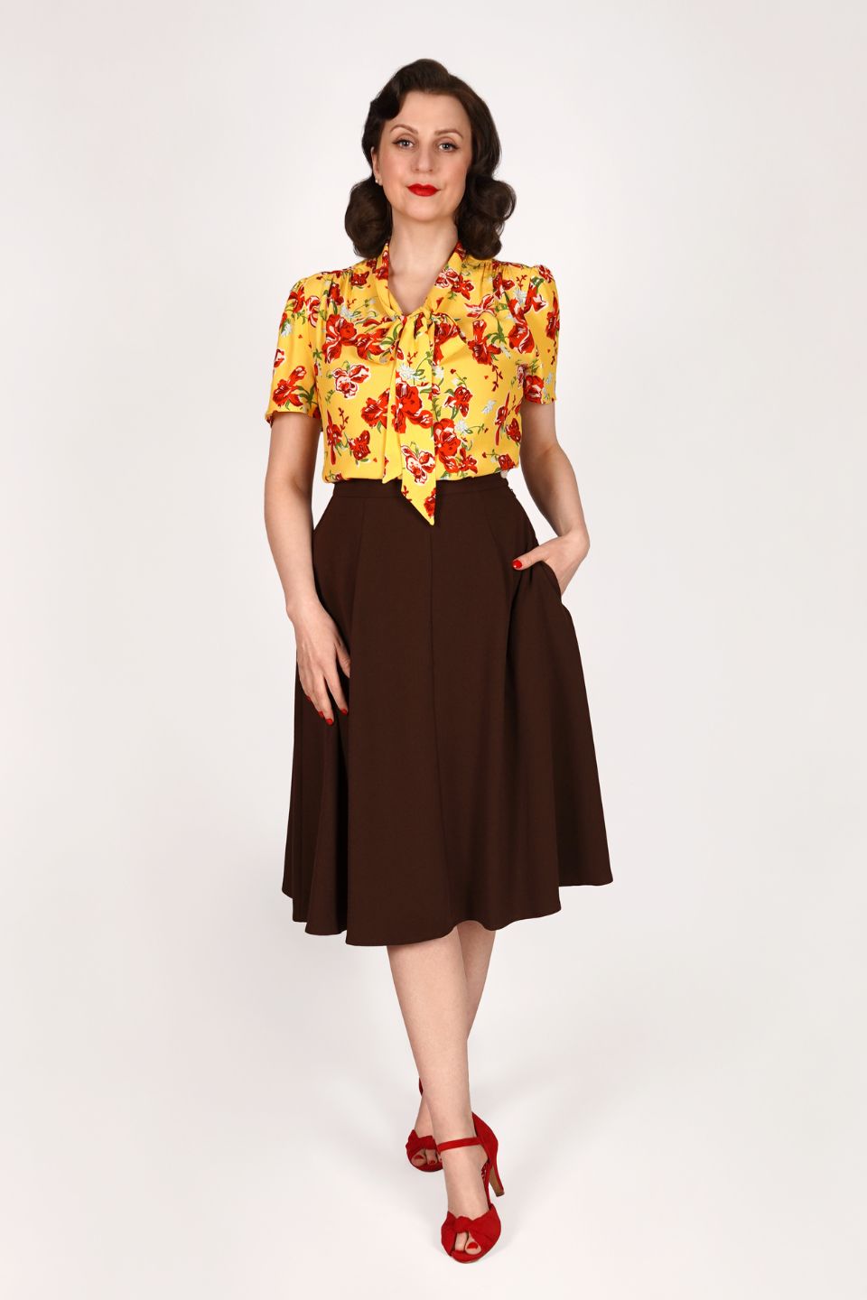 1940s and 50s Style Short Sleeve Pussy Bow Blouse In Iris Print   | Vintage Inspired | Weekend Doll 