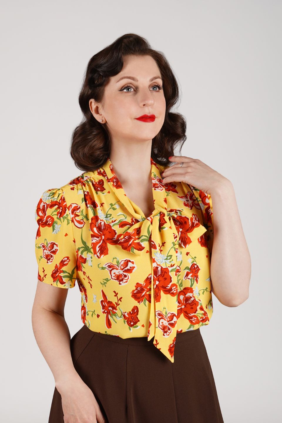 1940s and 50s Style Short Sleeve Pussy Bow Blouse In Iris Print   | Vintage Inspired | Weekend Doll 