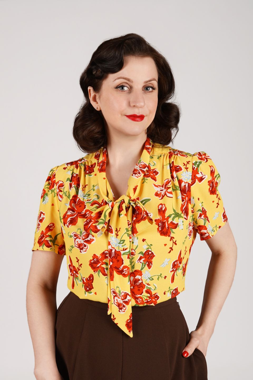 1940s and 50s Style Short Sleeve Pussy Bow Blouse In Iris Print   | Vintage Inspired | Weekend Doll 