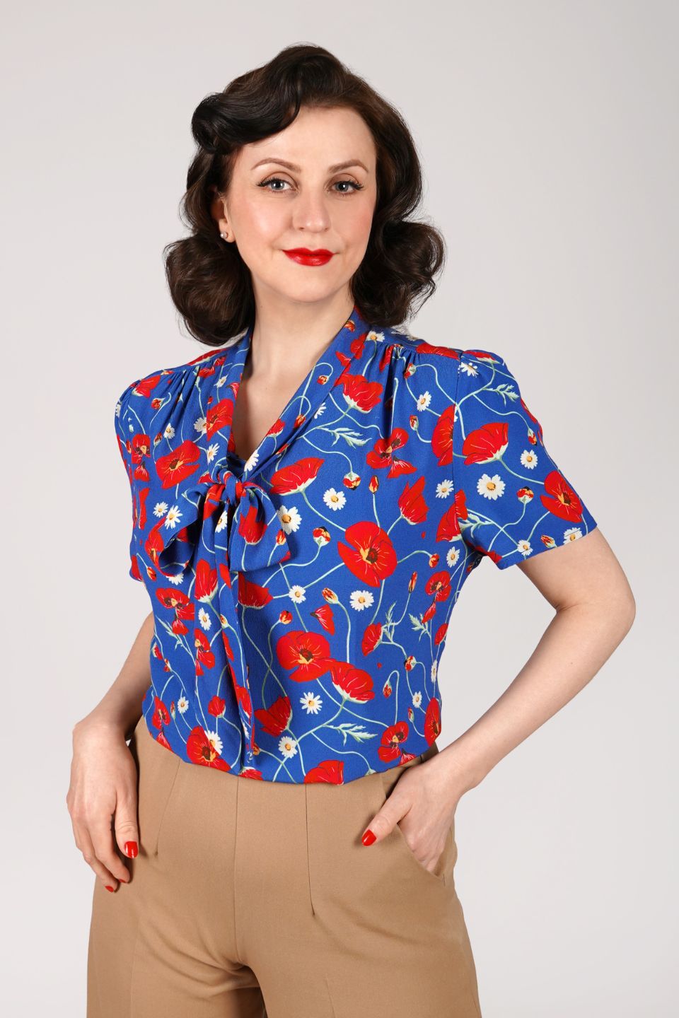 1940s and 50s Style Short Sleeve Pussy Bow Blouse In Poppy Print   | Vintage Inspired | Weekend Doll 